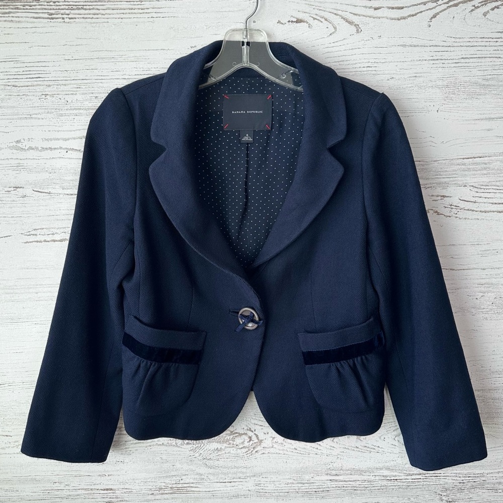 VINTAGE BANANA REPUBLIC Y2K 100% Wool Cropped Twee Velvet Blazer Jacket 4 Navy